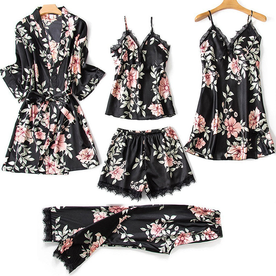 INSTOCK-Five-Piece Imitation Silk Home Clothes Set for Women