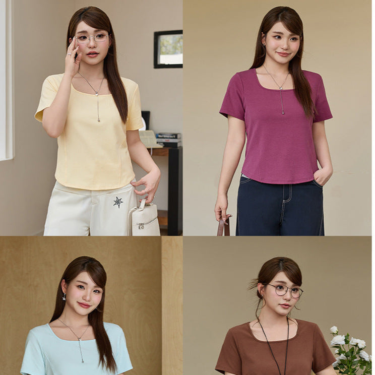 Waist Slimming Plus Size Square Collar T-shirt – 65283