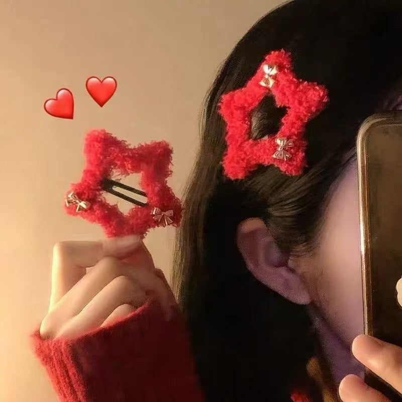 (Pack of 2) Red Plush Star & Bow Hairpin for Girls – Holiday