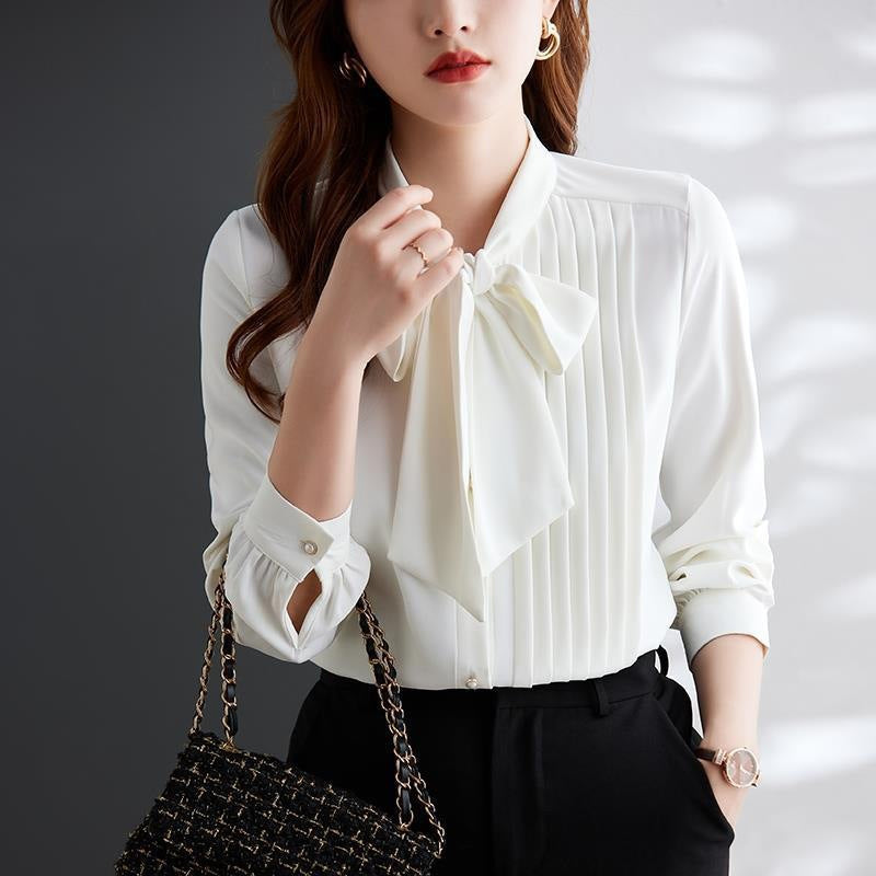 Light Brown Lace Up Chiffon Shirt Bow Collar Asymmetry