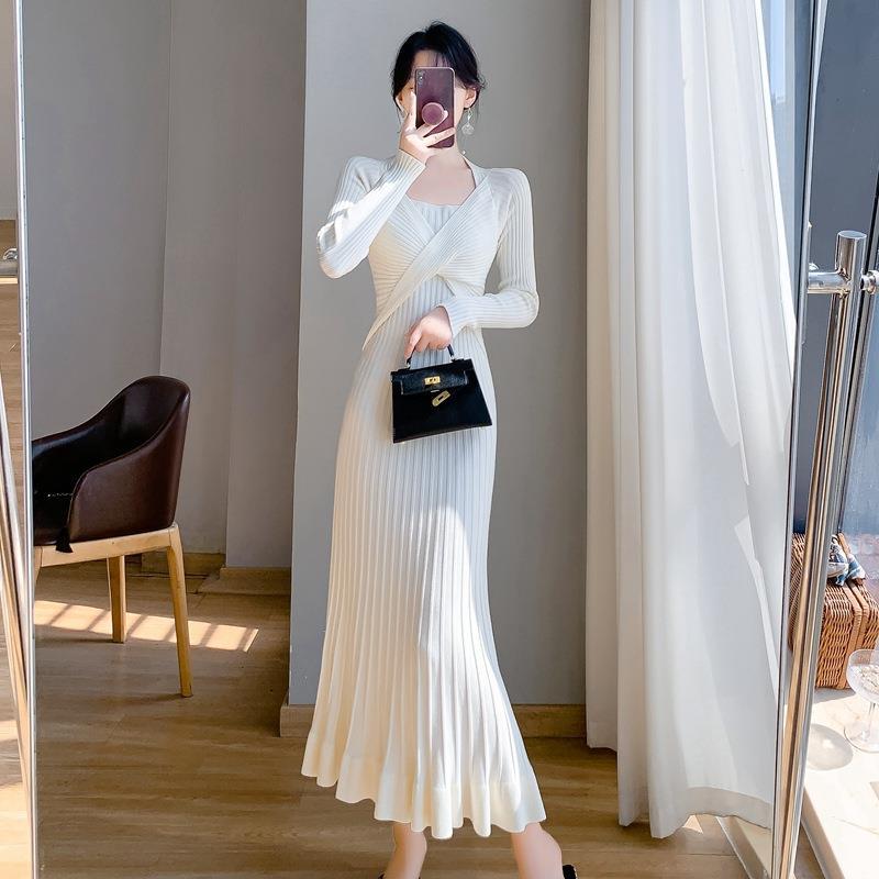 STOCK-French Style Long Hip-Wrap Fishtail Sweater Dress
