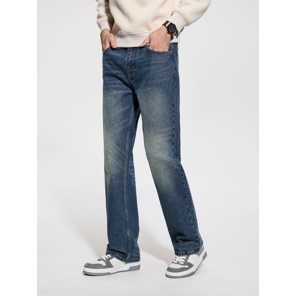 Men’s Fleece-Lined Loose Retro Distressed Straight Jeans Pants