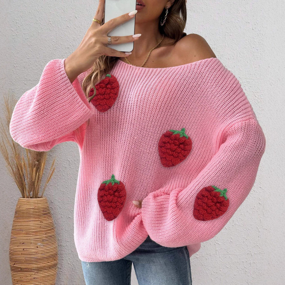 Strawberry Off-Shoulder Bell Sleeve Sweater – Women’s