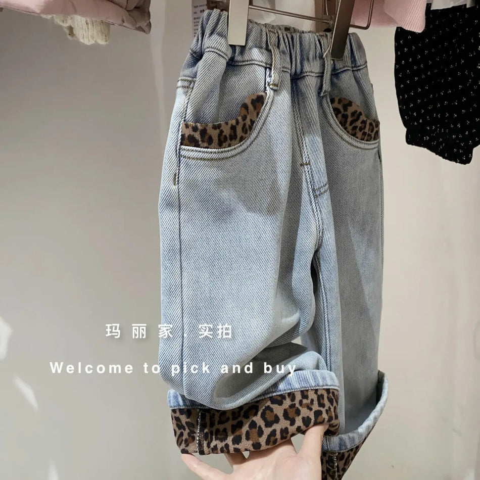 STOCK-Girls’ Fleece-Lined Leopard Print Jeans