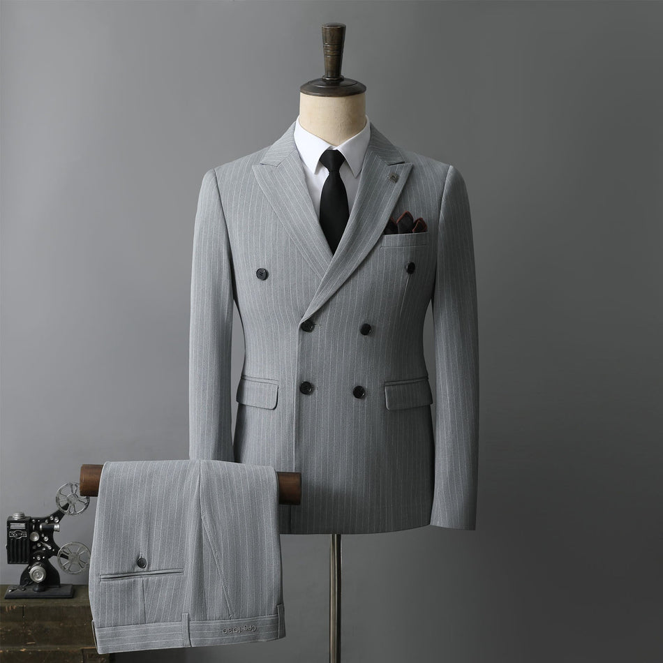STOCK-Men’s Double-Breasted Striped Suit Slim Wedding Outfit