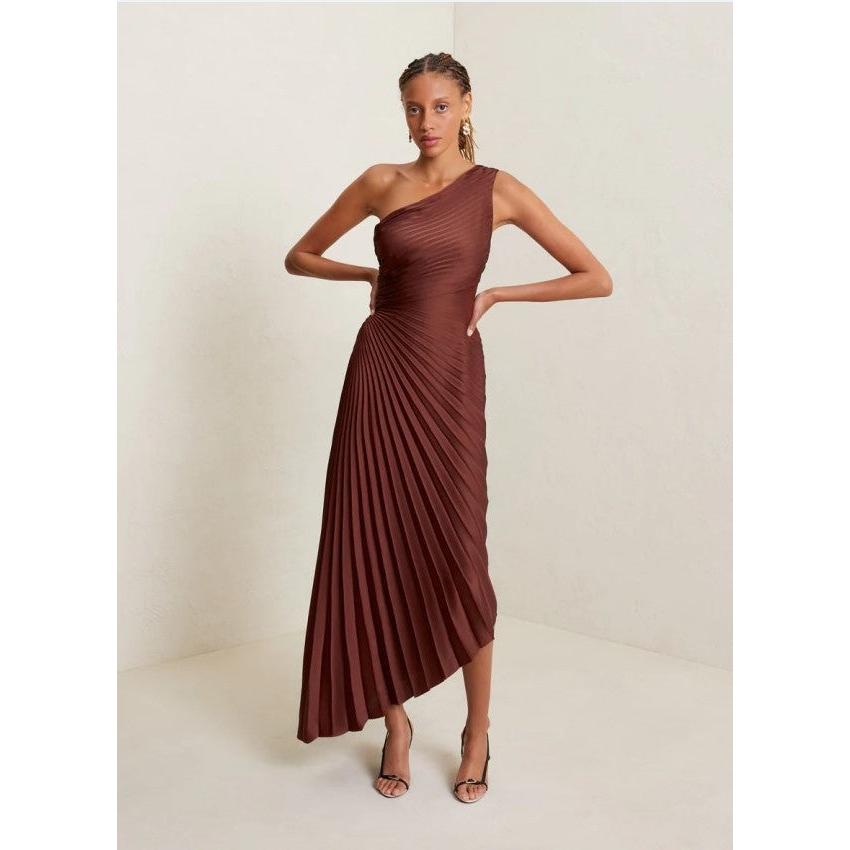 One-Shoulder Pleated Satin Dress