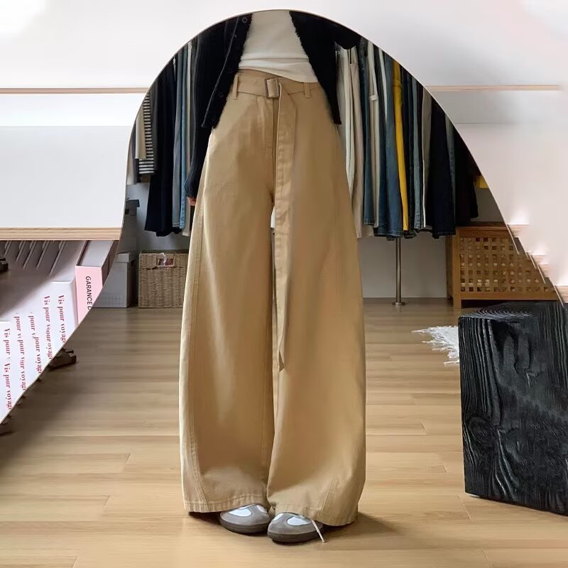 American Style Retro Khaki High Waist Wide-Leg Jeans