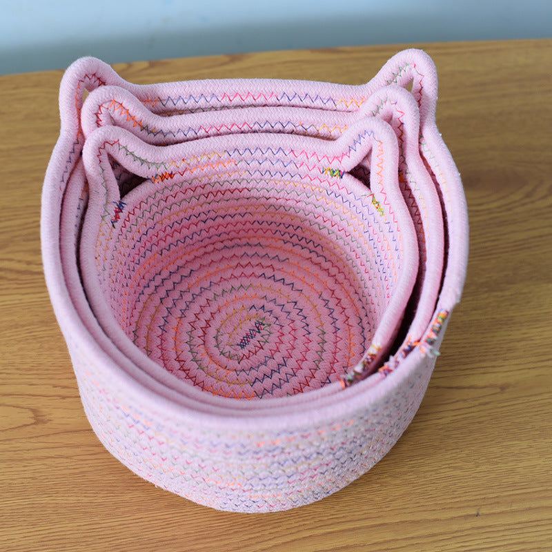 Cotton Woven Rattan Storage Basket with Cat Ear Design