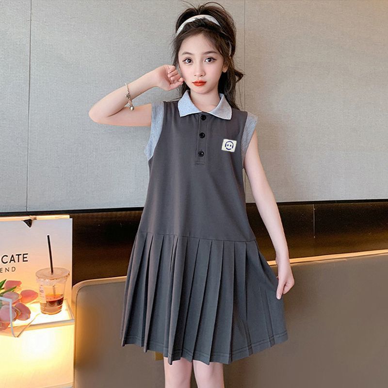 Girls Summer Dress 2025 Preppy Polo Pleated Sleeveless Skirt