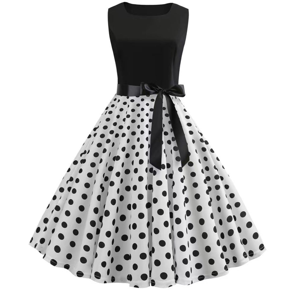 Vintage Sleeveless Polka Dot Lace Dress with 3D Print