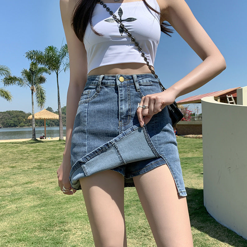 Women's High-Waisted Split Denim Skirt