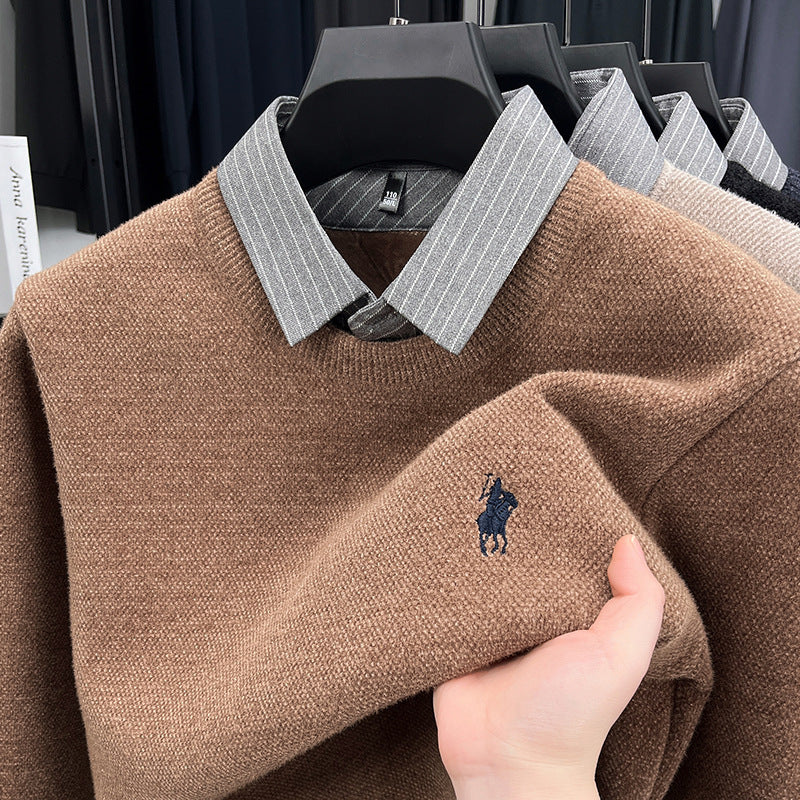 Men’s Knitted Bottoming Shirt Sweater Collar Fake Two-Piece Top