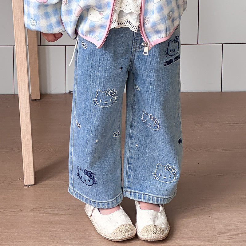 2025 Autumn Girls' Cartoon Jeans Embroidered Cat Pants