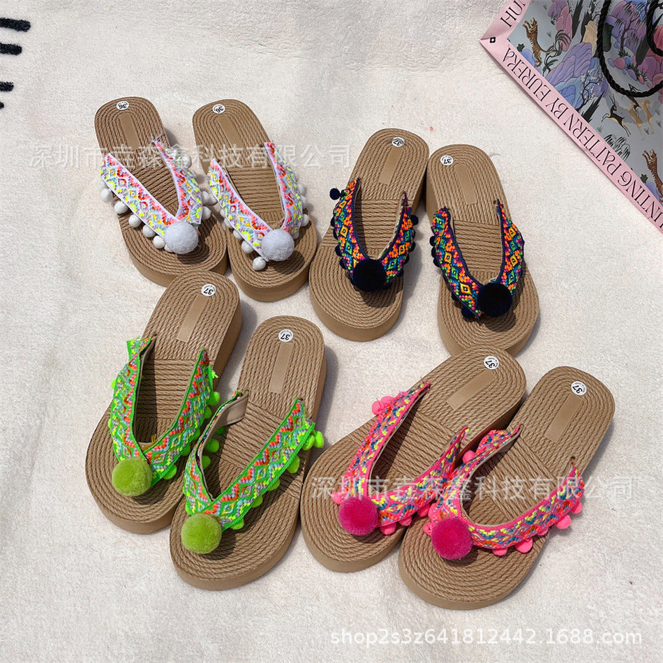 Bohemian Fur Ball Tassel Flip-Flops – Stylish Summer Wear