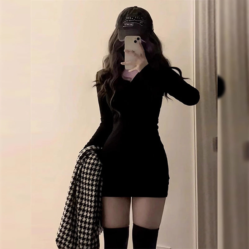 V Neck Black Knitted Fleece Lined Short Dress Women