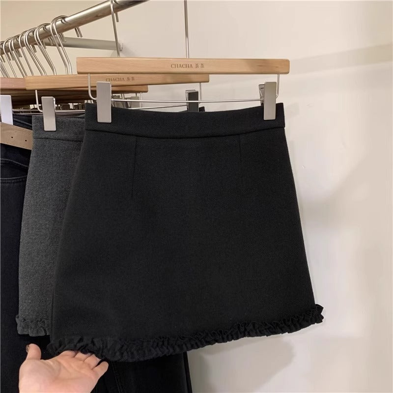 Gray Woolen High Waist A Line Lace Short Skirt Women SpringX