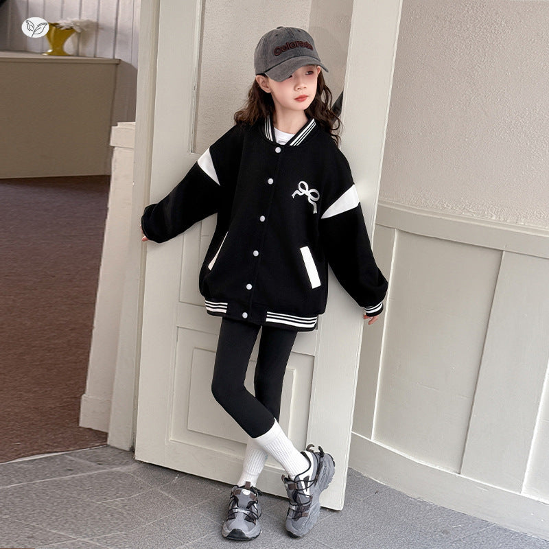 Autumn Bow Embroidered Baseball Jacket