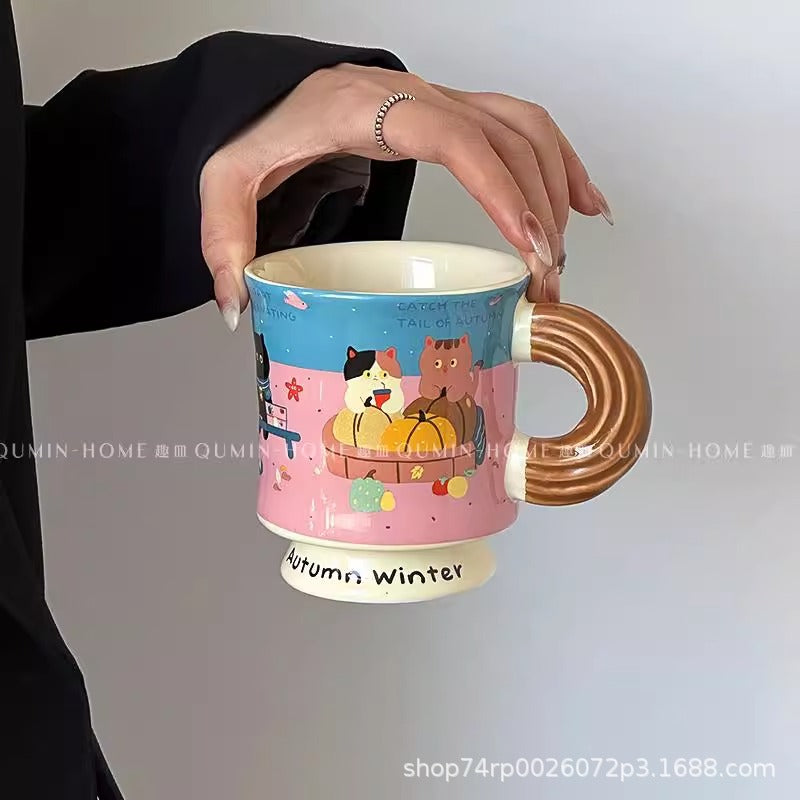 Pink Four Seasons Cat Cartoon Ceramic Mug