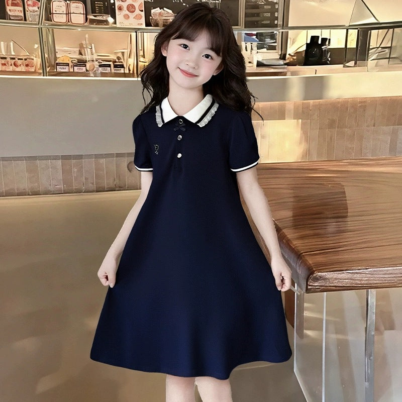 Girls’ College Style Polo Collar Summer Dress