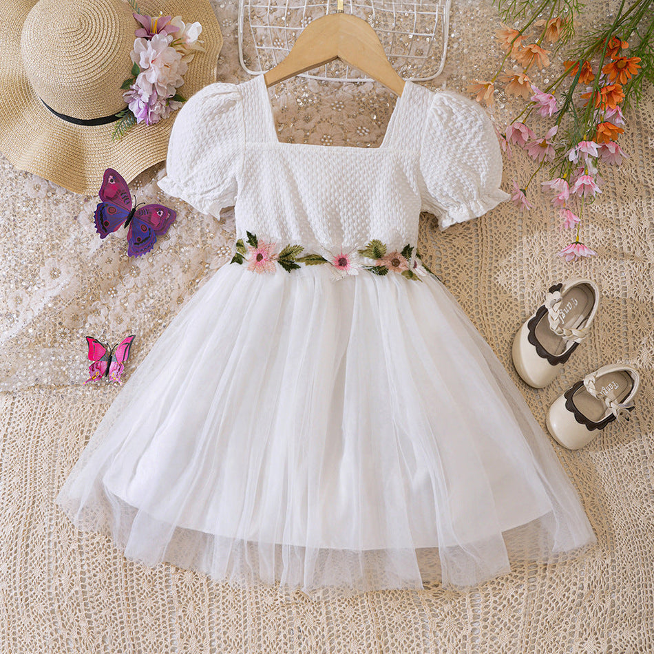 Summer Mesh Puff Sleeve Dress for Girls