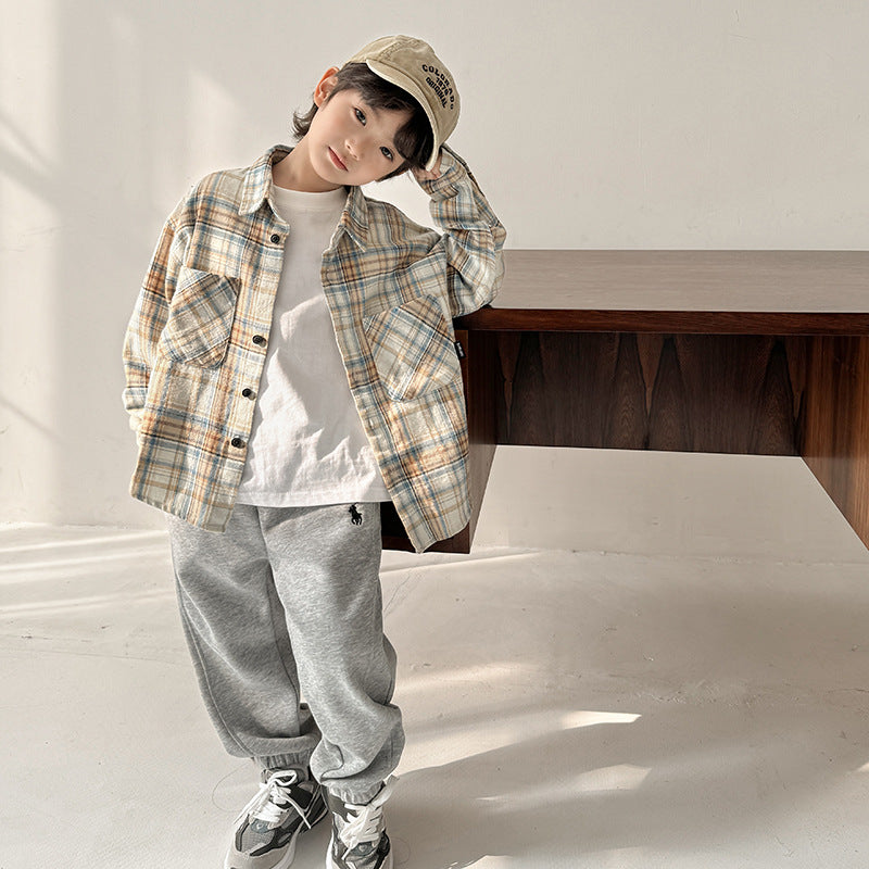 Boys Cotton Plaid Shirt Long Sleeve Autumn Top