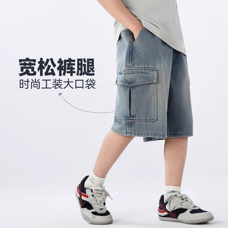 Boys Cargo Denim Knee Length Shorts Summer American Style