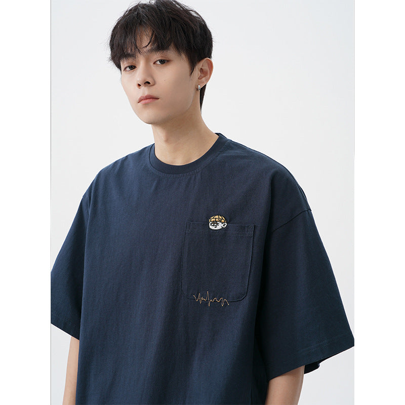 Japanese Retro Embroidered Tee – Loose Cotton Short Sleeve