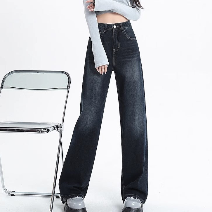 Dark Blue High Waist American Retro Wide-Leg Jeans