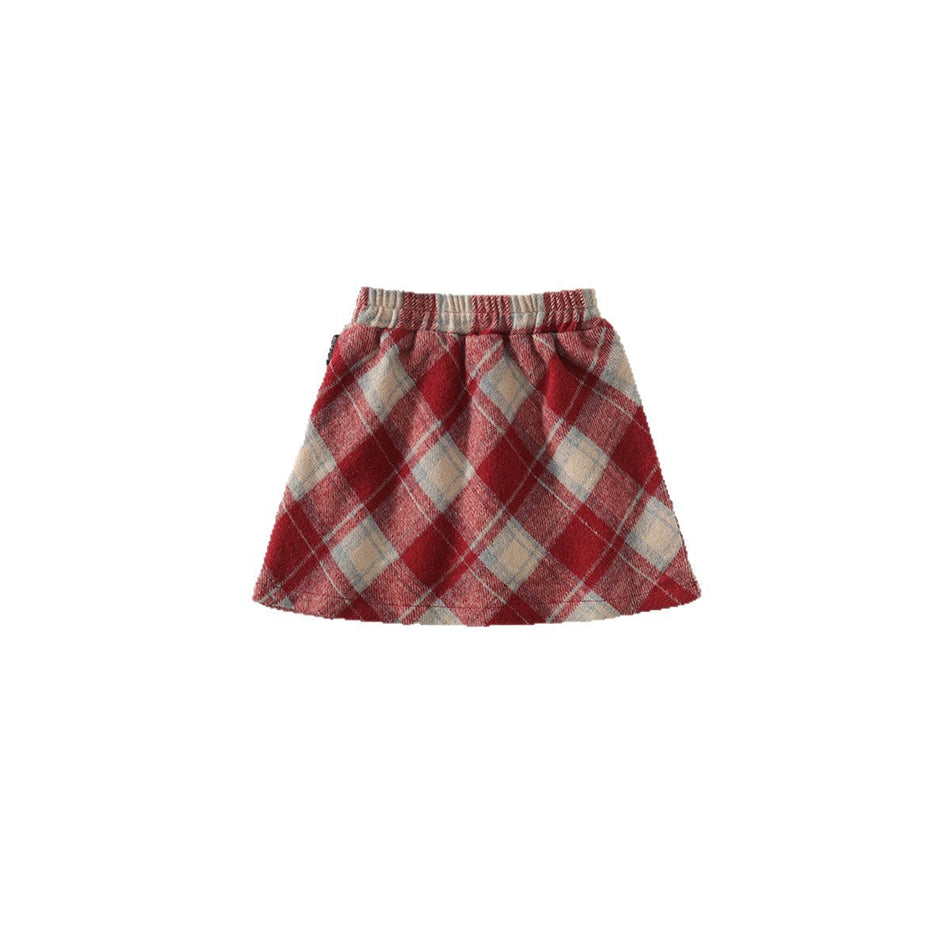 Girls Korean Style Red Plaid Woolen A-Line Skirt