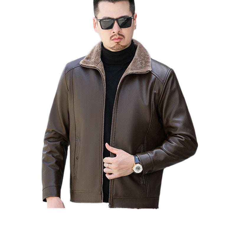Men’s Thick Leather Jacket with Rabbit Fur Collar