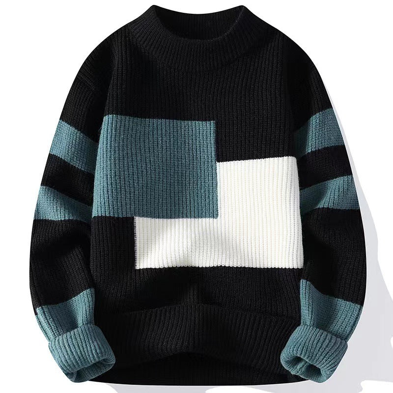 STOCK-Men’s Winter Knit Sweater Contrast Color Loose Trendy