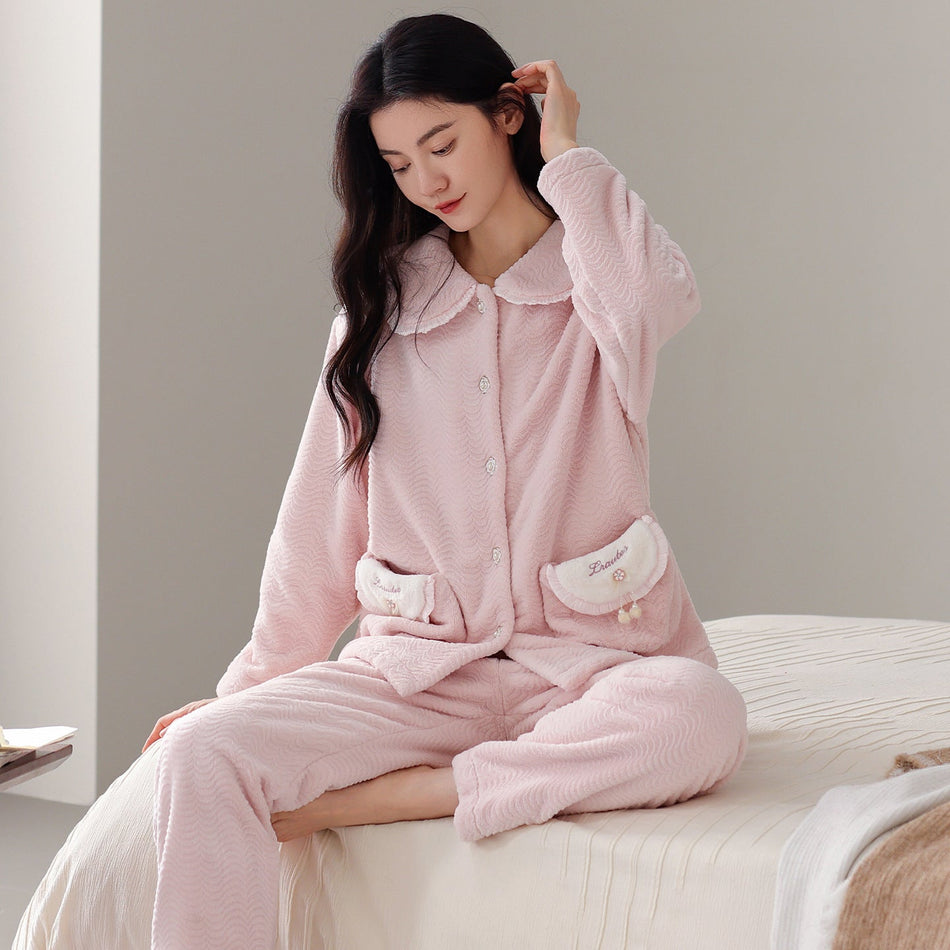 Women’s Flannel Pajama Set Doll Collar Warm Homewear