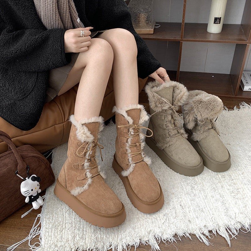 INSTOCK- Khaki High-Top Snow Boots – Warm Thick-Soled Women’s