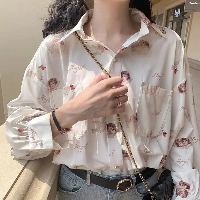 Lantern Sleeve Angel Print Chiffon Shirt – Retro Hong Kong Style