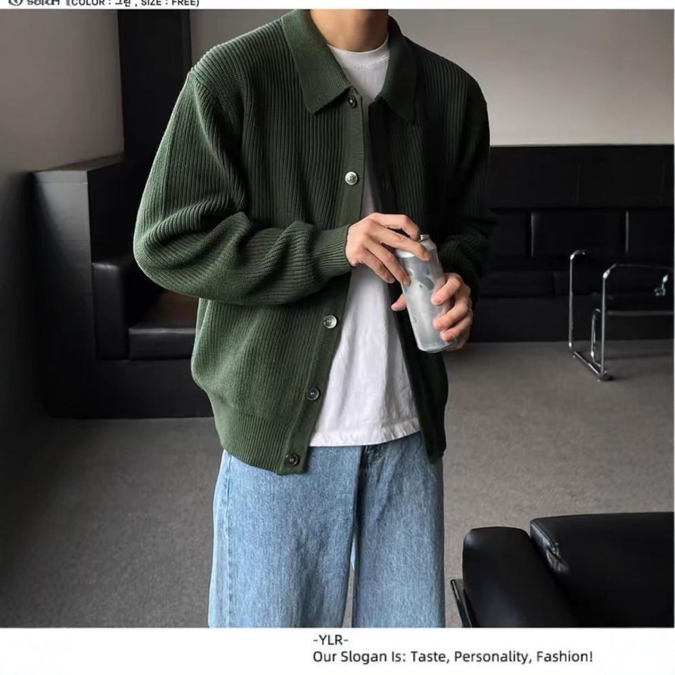 Men's Dark Green Lapel Cardigan – Autumn Winter Korean Style