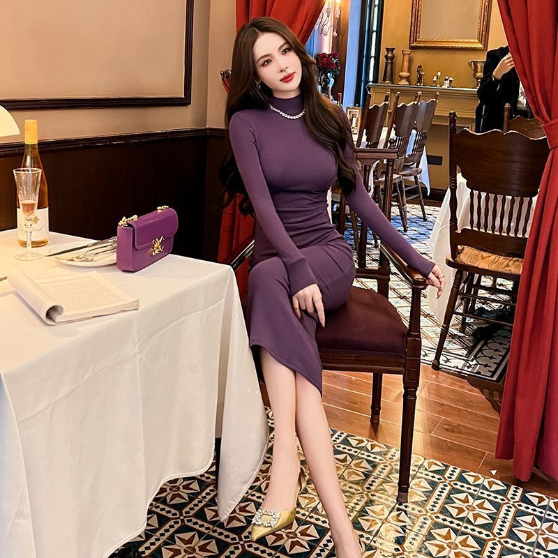 Retro Half Turtleneck Long Sleeve Slim Fit Women's Dress