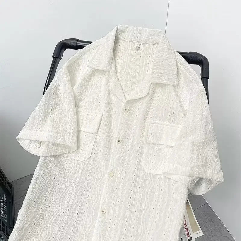 Men’s Hollow Cuban Collar Shirt – Retro Japanese Summer