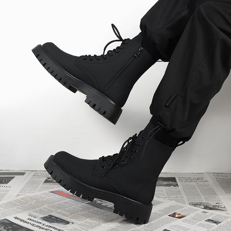 Men’s British Style Black High-Top Leather Motorcycle Boots