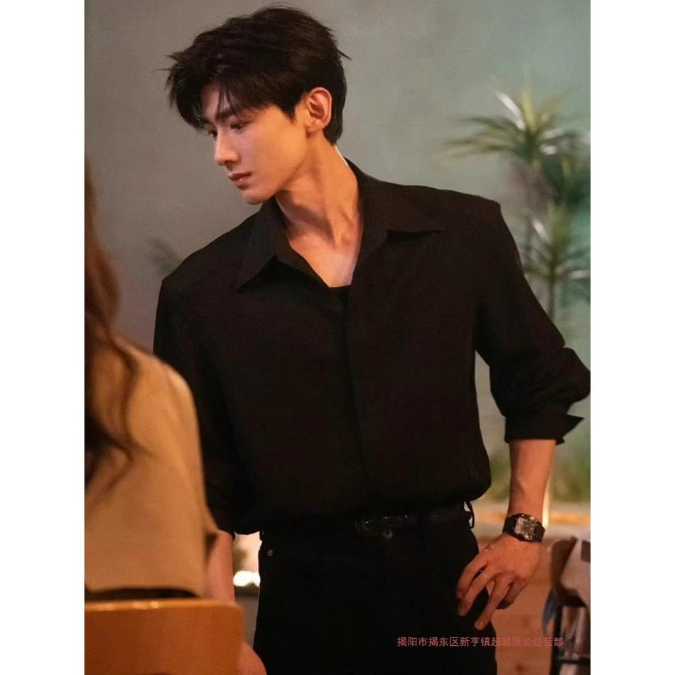 Men's High-End Black Long-Sleeve Shirt Spring Autumn Layer