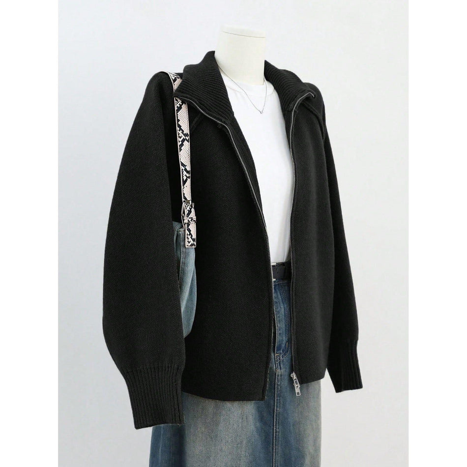 Women’s Knitted Sweater Jacket Stand Collar Zipper