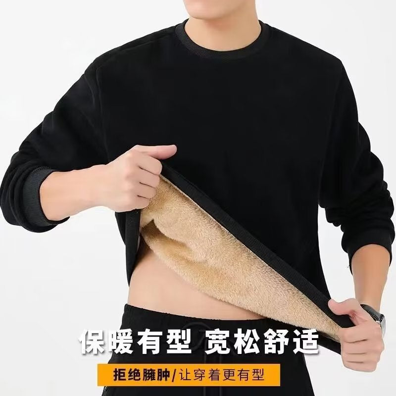 Fleece-Lined Lambskin Crewneck Sweatshirt Men Loose Black