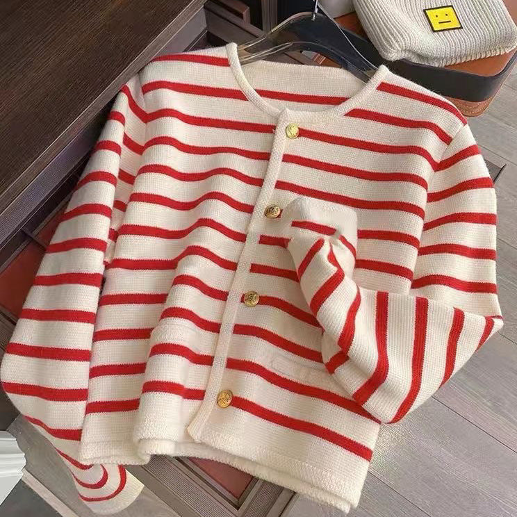 INSTOCK-Women's Chanel-Style Gold Button Knit Cardigan