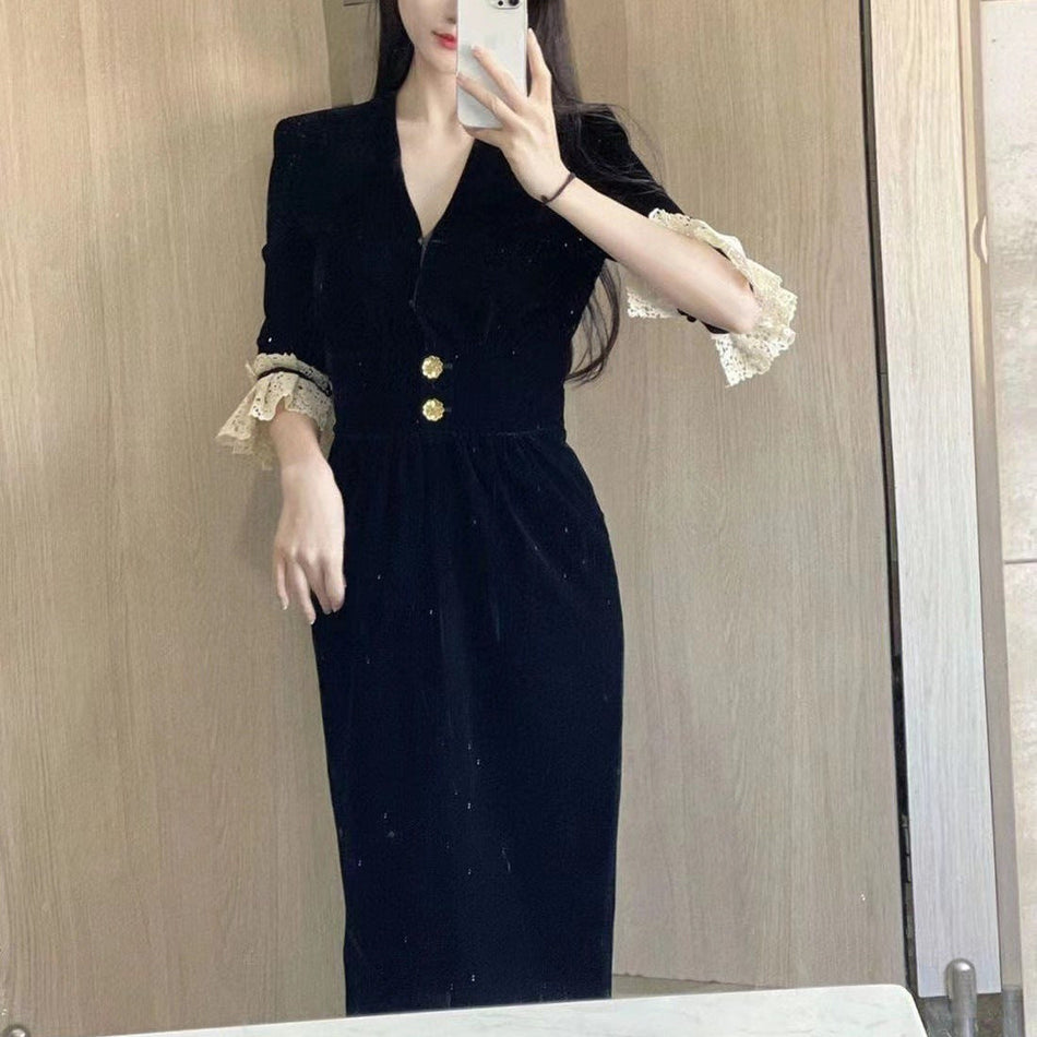 French Hepburn Black Velvet Dress