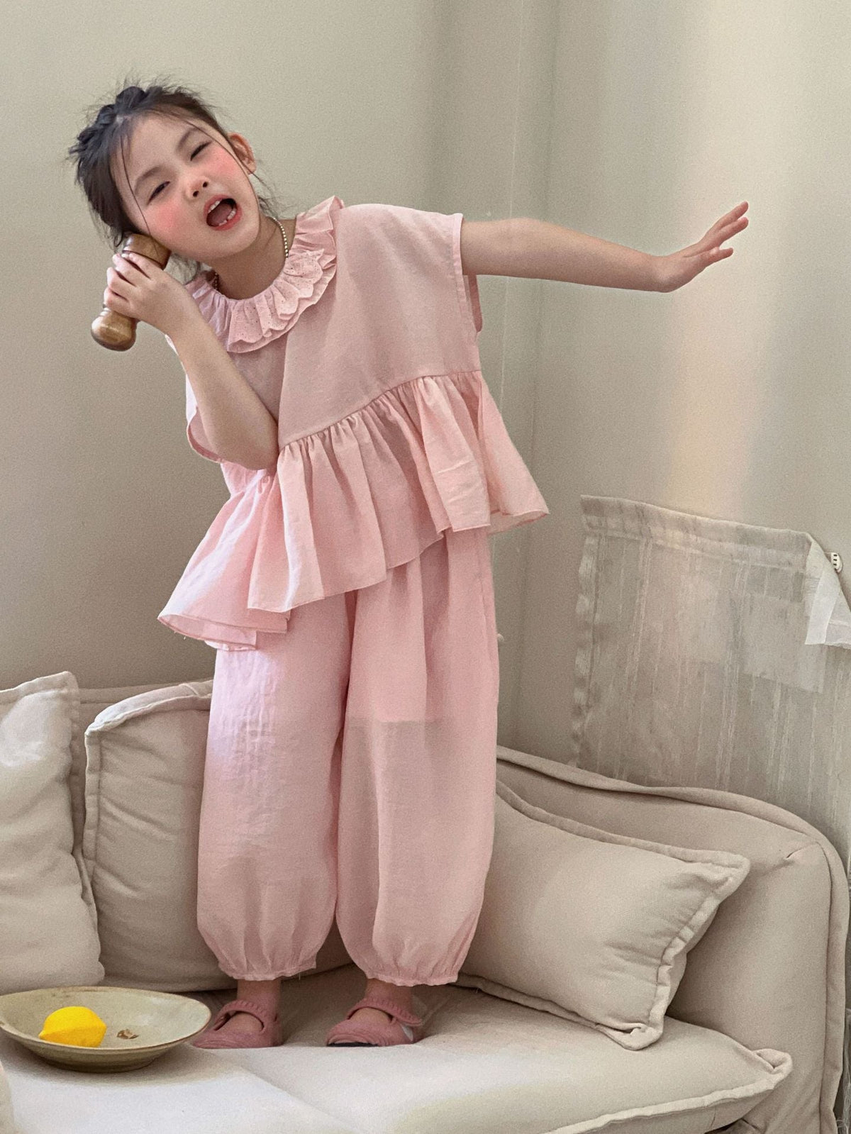 2026 Summer New Children's Clothing Korean Style Girls' Pink Lace Collar Doll Shirt Suit Children's Mosquito-Proof Pants S...
