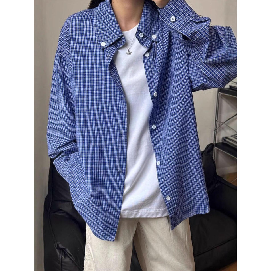 Women’s Blue Plaid Shirt Jacket – Loose College Style