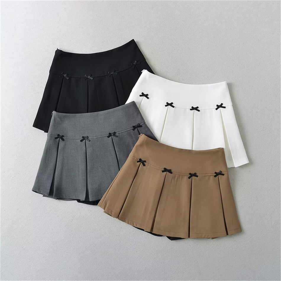 High-Waist White Bow Pleated Skirt – French Style