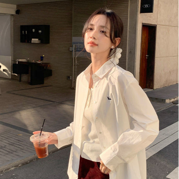 Yier White Cotton Shirt – Casual Korean Embroidered Top