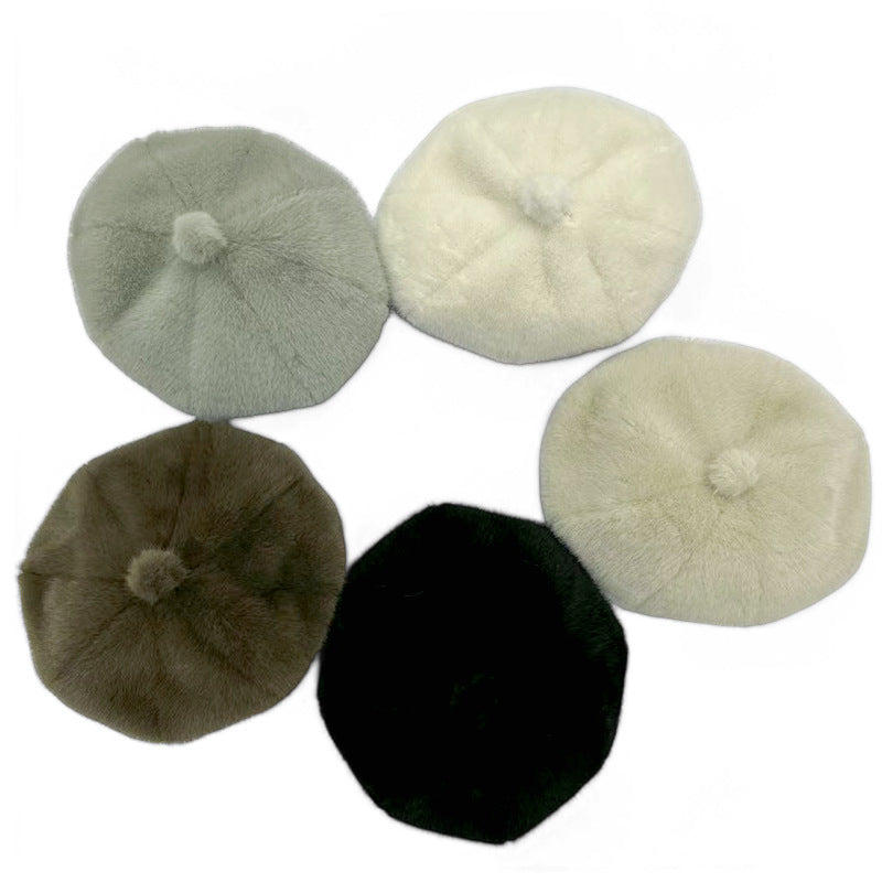 Winter Faux Mink Beret – Thick Warm Octagonal Cap for Women