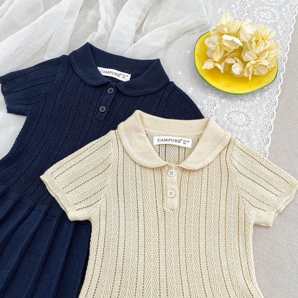 Girls College Style Lapel Knitted Pleated Dress Spring Summer