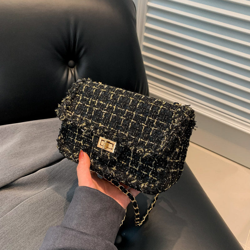 Woolen Contrast Color Plaid Chain Shoulder Bag